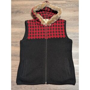 Woolrich Womens Petite S Red Black Plaid Hooded Vest Faux Fur Trim Zip Front